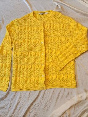 Bright Yellow Openwork Vintage Button-Up Cardigan.